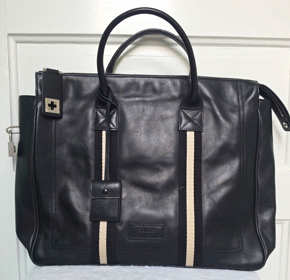 Bally Handbags - Bally Black Large Tote Zip Top Handle Silver HW w/ Key Striped Lining